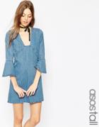 Asos Tall Denim Mini Shift Dress With Frill Sleeves In Lightwash Blue - Midwash