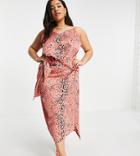Never Fully Dressed Plus Wrap Tie Midi Skirt Set In Burnt Coral Leopard Print-orange