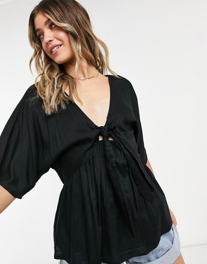 Asos Design Tie Front Kimono Top In Black