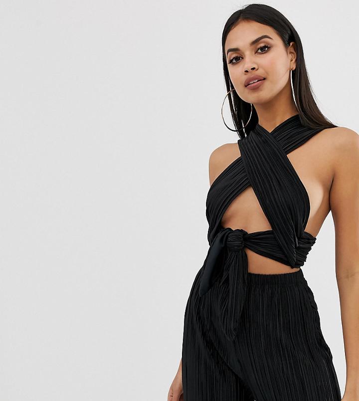 Prettylittlething Plisse Wrap Crop Top With Tie Detail In Black - Black