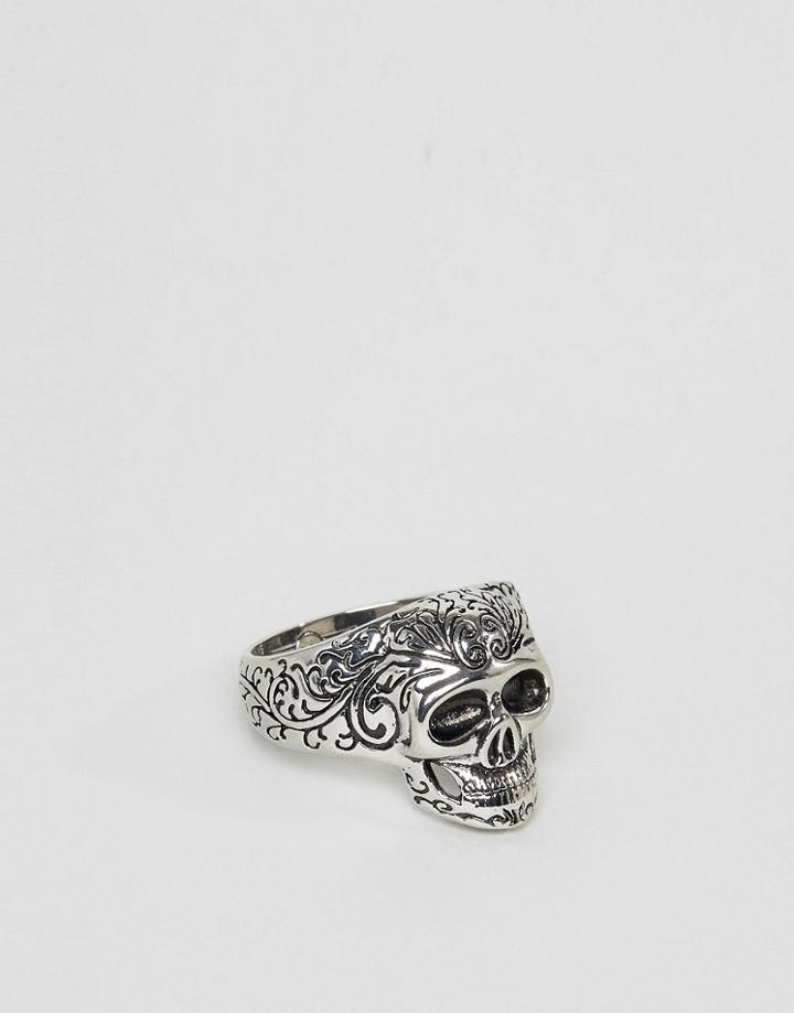 Rebel Heritage Brushed Brass Skull Ring In Silver - Silver