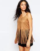 Brave Soul Festival Tank With Fringed Hem - Tan