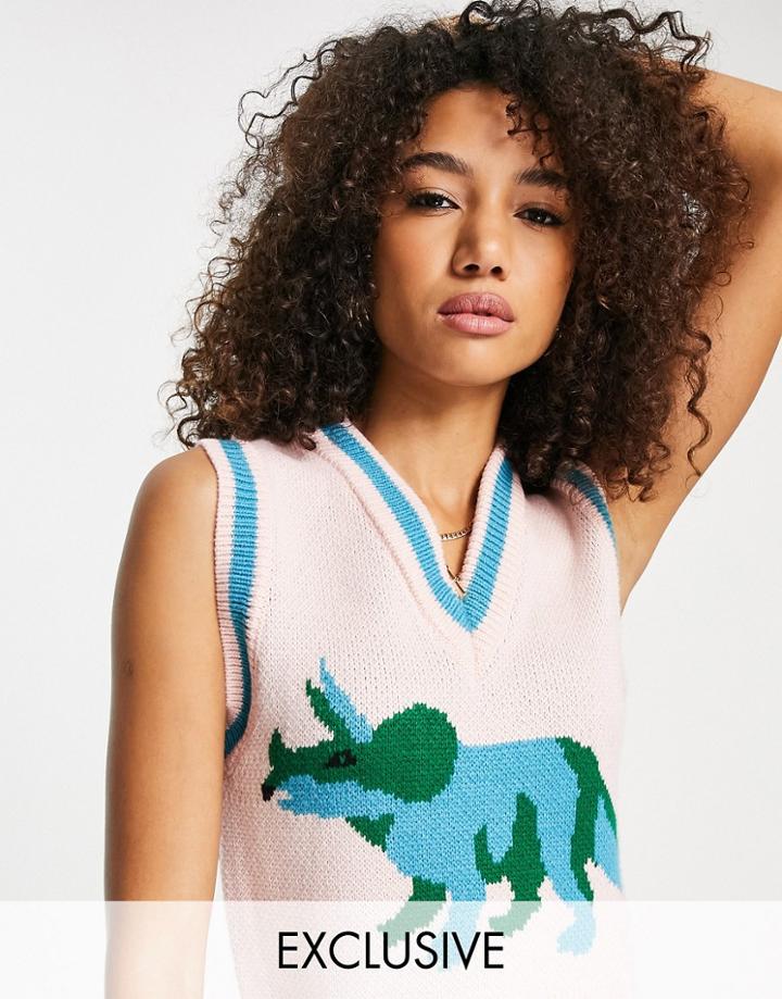 Reclaimed Vintage Inspired Knit Tank Top With Dinosaur Print In Pink