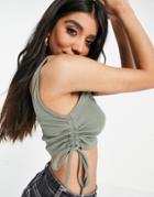 Asos Design Square Neck Tank With Ruched Sides In Khaki-black