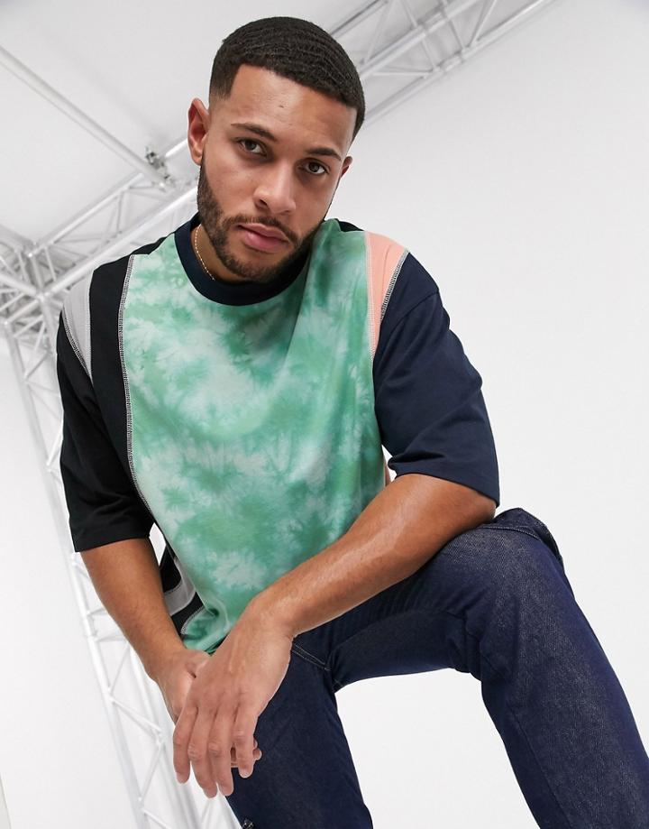 Asos Design Organic Oversized T-shirt With Half Sleeve And Contrast Wash Panel-multi