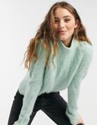 Asos Design Sweater With Stitch Yoke Detail In Light Green-white
