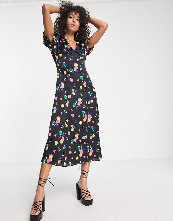 Topshop Bright Floral Heart Midi Dress In Multi