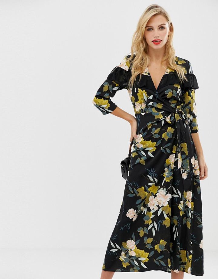 Liquorish Wrap Front Floral Midi Dress With Ruffle Collar Detail-multi