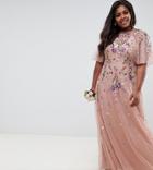 Asos Design Curve Bridesmaid Floral Embroidered Dobby Mesh Flutter Sleeve Maxi Dress - Pink