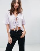 Asos Tie Front Blouse With Frill Sleeve - Purple