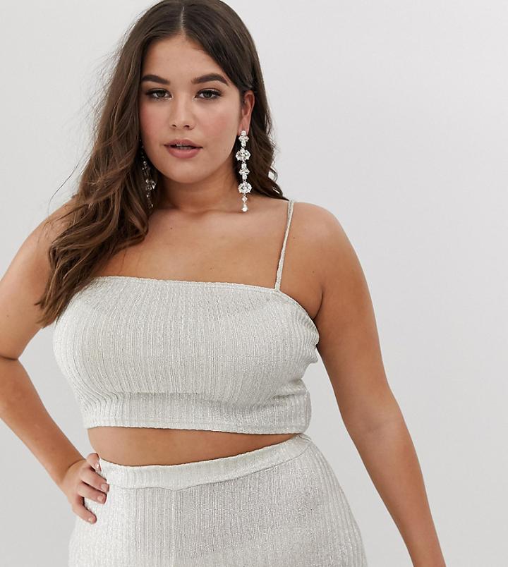 Fashionkilla Plus Square Neck Longline Crop Top Two-piece In Glitter - Pink