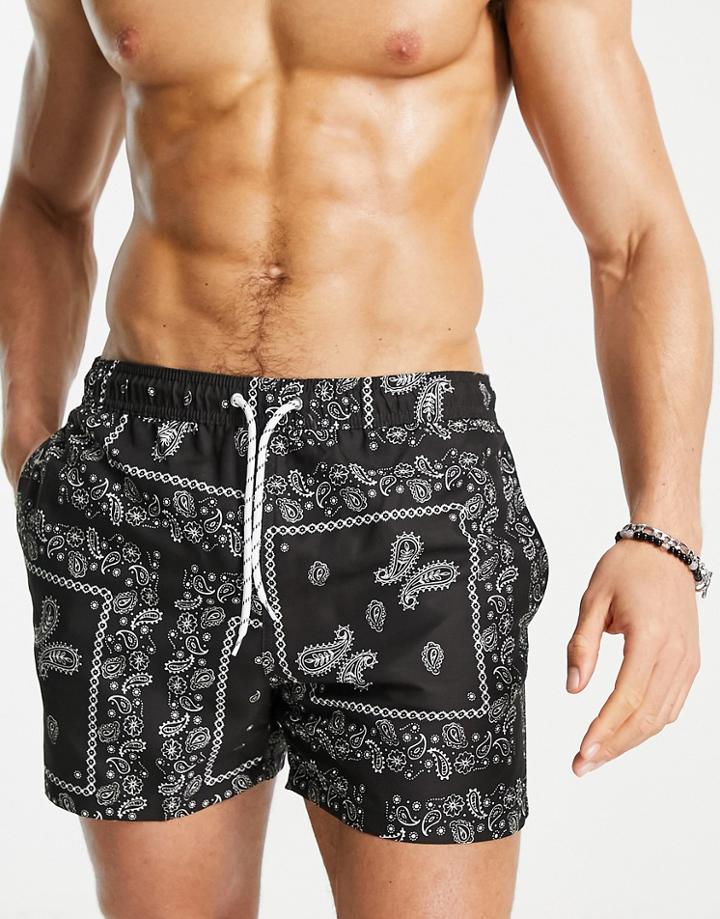 New Look Swim Shorts With Bandana Print In Black