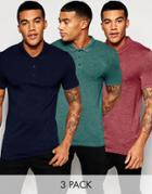Asos Extreme Muscle Jersey Polo 3 Pack Navy/ Burgundy/ Teal Save 20% - Multi