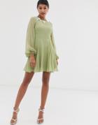 Asos Design Mini Dress With Embellished Neckline-green