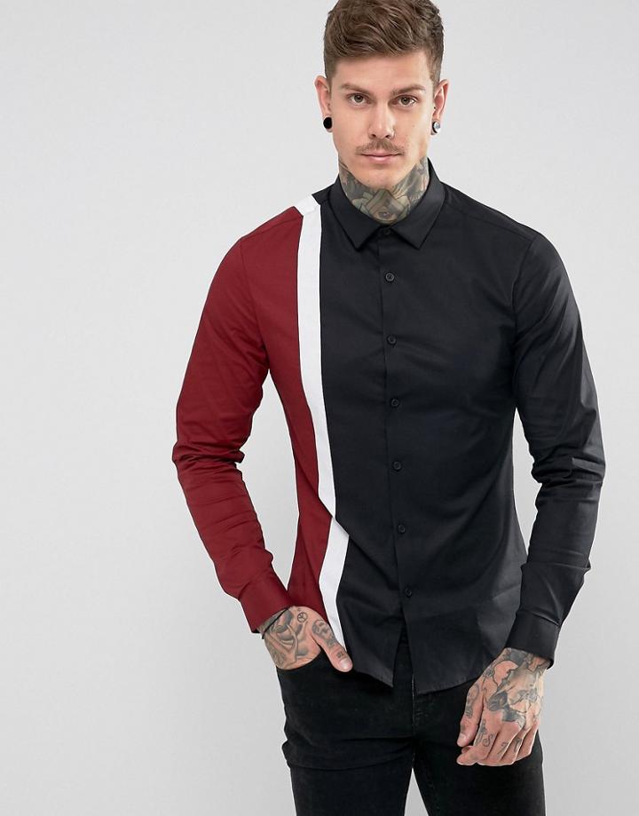 Asos Stretch Slim Shirt With Cut And Sew - Black