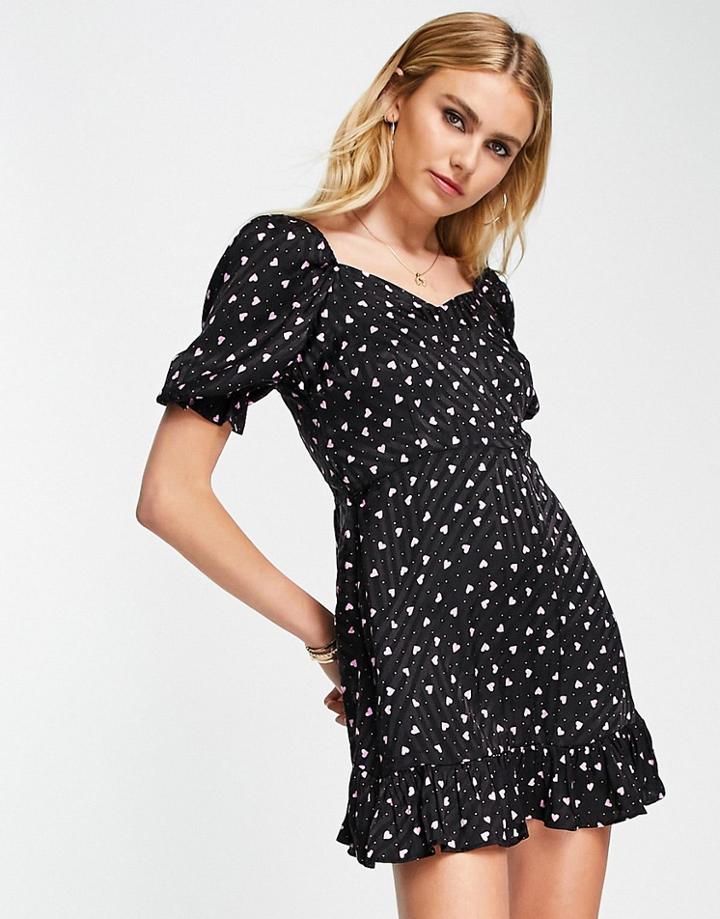 Topshop Sweetheart Neck Dress In Heart Jacquard Print-black