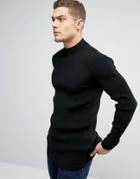 Asos Longline Muscle Fit Ribbed Turtleneck Sweater - Black