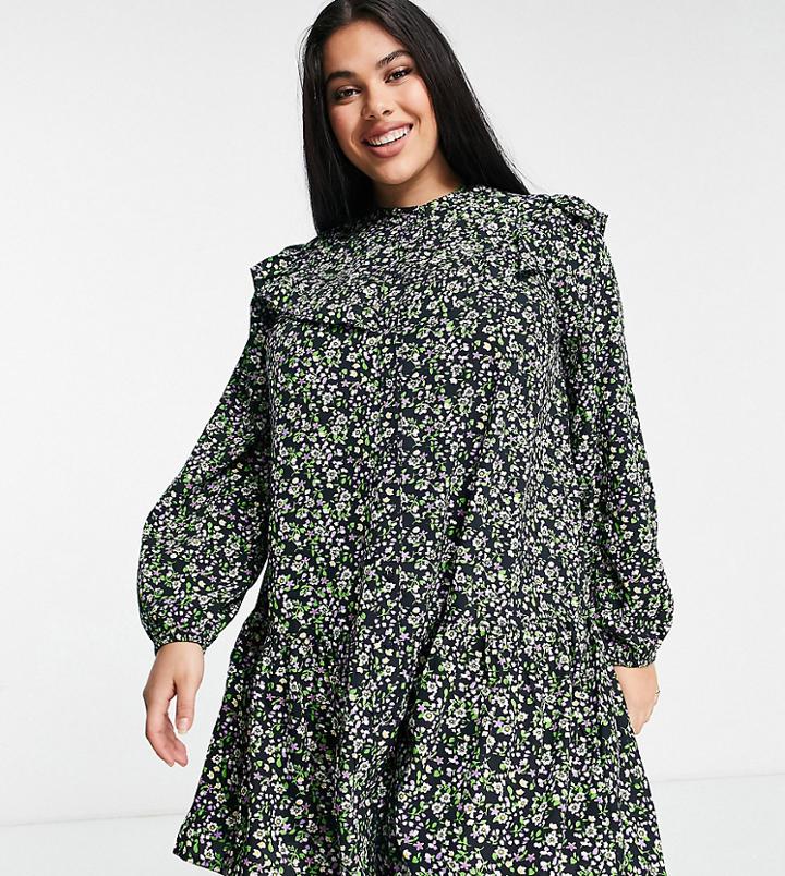 Simply Be Smock Dress With Ruffle Detail In Floral Print-multi