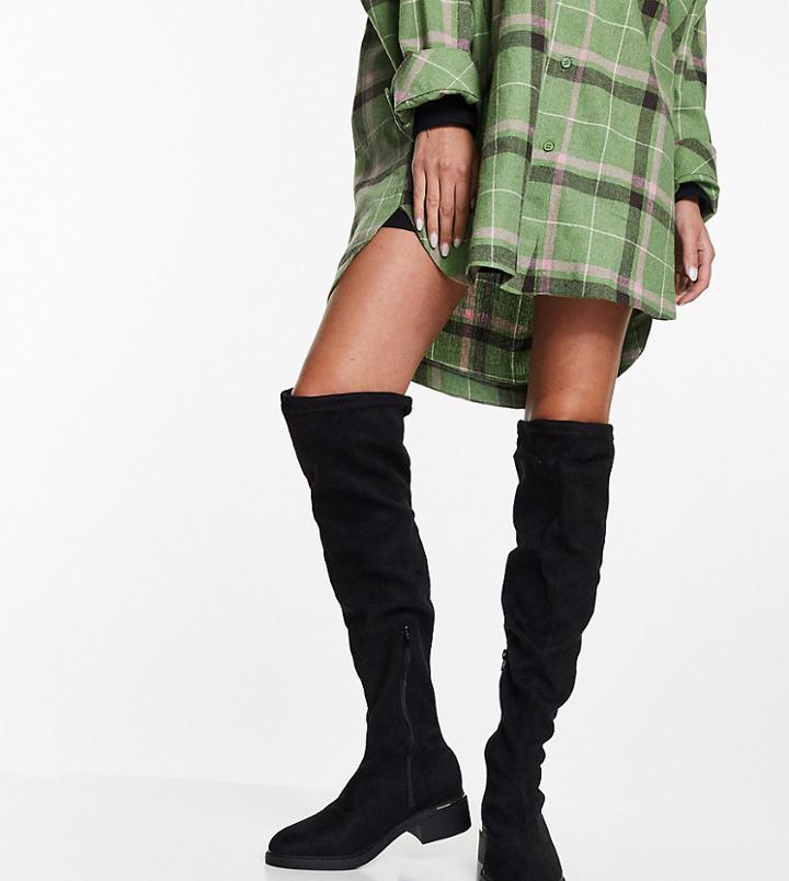 Truffle Collection Wide Fit Mid Heel Stretch Over The Knee Boots In Black