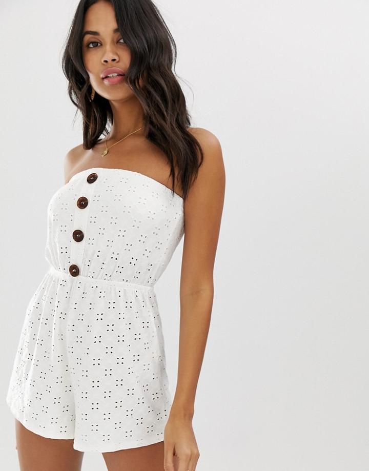 New Look Broderie Beach Romper In White - White