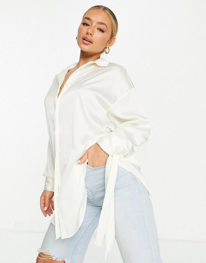 Asos Design Oversized Satin Shirt With Tie Cuff Detail In Cream-white