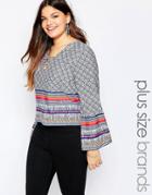 Diya Plus Top With Lace Up Front And Bell Sleeves - Blue Printed
