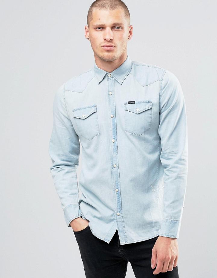 Religion Denim Shirt With Press Stud Buttons - Blue