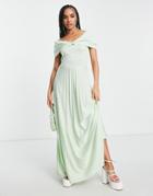 Asos Design Recycled Polyester Twist Front Off The Shoulder Pleated Maxi Dress In Sage-green