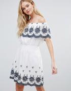 Qed London Off Shoulder Embroidered Dress - White