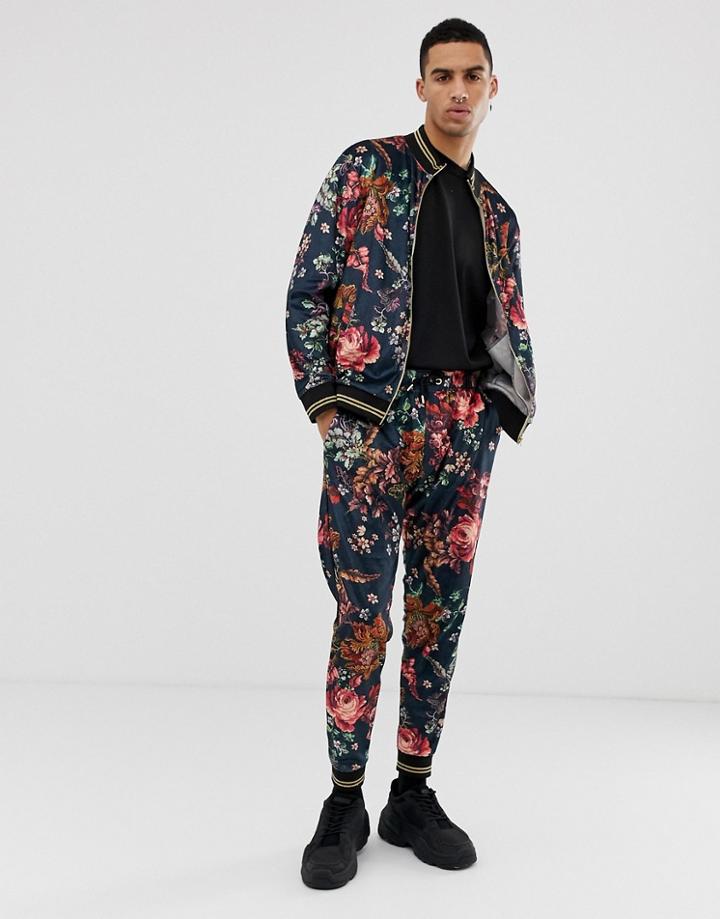 Jaded London Track Top In Velvet Floral Print-black