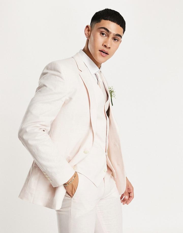 Asos Design Super Skinny Wedding Suit Jacket In Linen Mix Pale Pink Prince Of Wales Check