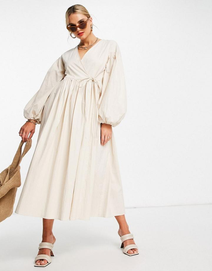 Asos Edition Oversized Wrap Smock Dress With Blouson Sleeve In Cream-white