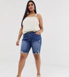 Simply Be Longline Denim Shorts With Distressing In Stonewash-blue