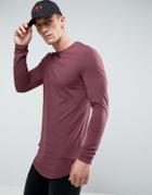 Asos Super Longline Muscle Long Sleeve T-shirt With Curved Hem - Red