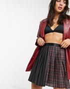 Asos Design Leather Look And Check Pleated Mini Skirt-multi