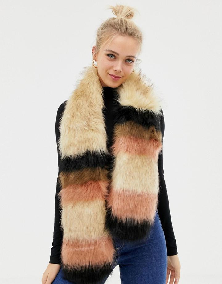 New Look Faux Fur Stripe Stole - Brown