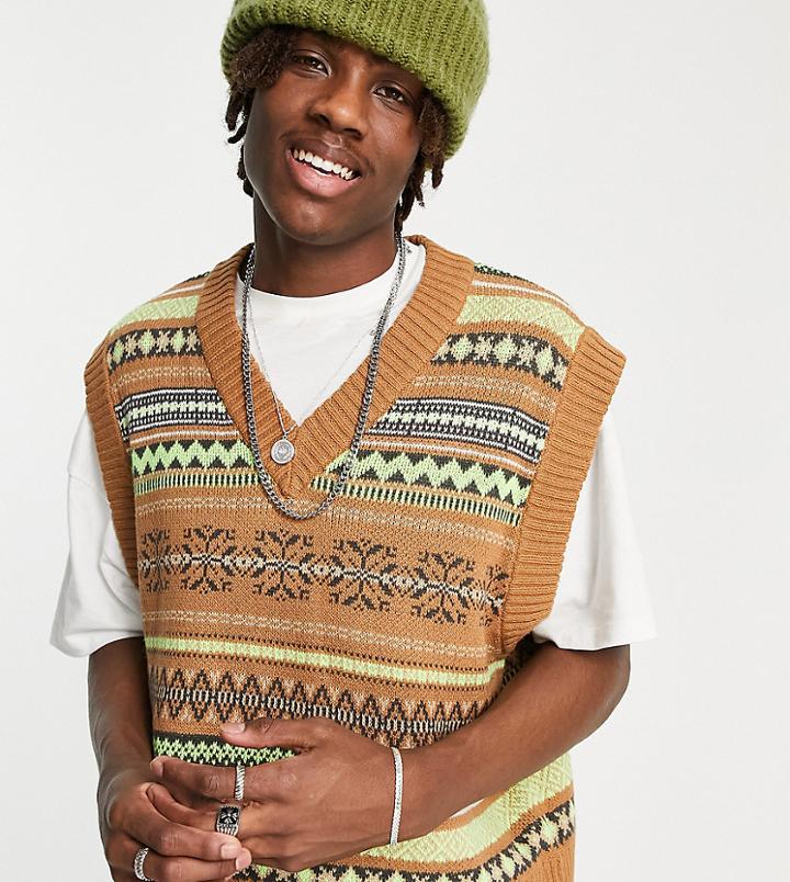 Reclaimed Vintage Inspired Grandad Knitted Sweater Vest In Brown-multi
