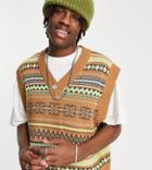 Reclaimed Vintage Inspired Grandad Knitted Sweater Vest In Brown-multi