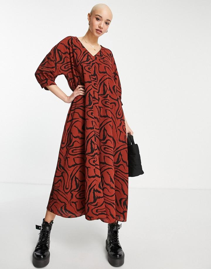 Asos Design V Neck Trapeze Midi Dress With Three Quarter Sleeve In Brown Animal Print-multi