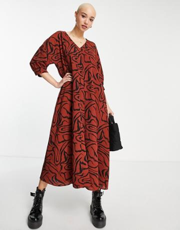 Asos Design V Neck Trapeze Midi Dress With Three Quarter Sleeve In Brown Animal Print-multi