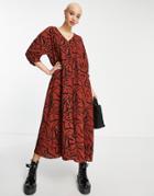 Asos Design V Neck Trapeze Midi Dress With Three Quarter Sleeve In Brown Animal Print-multi
