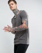 Asos Longline T-shirt With Raw Scoop Neck In Acid Wash Gray - Gray