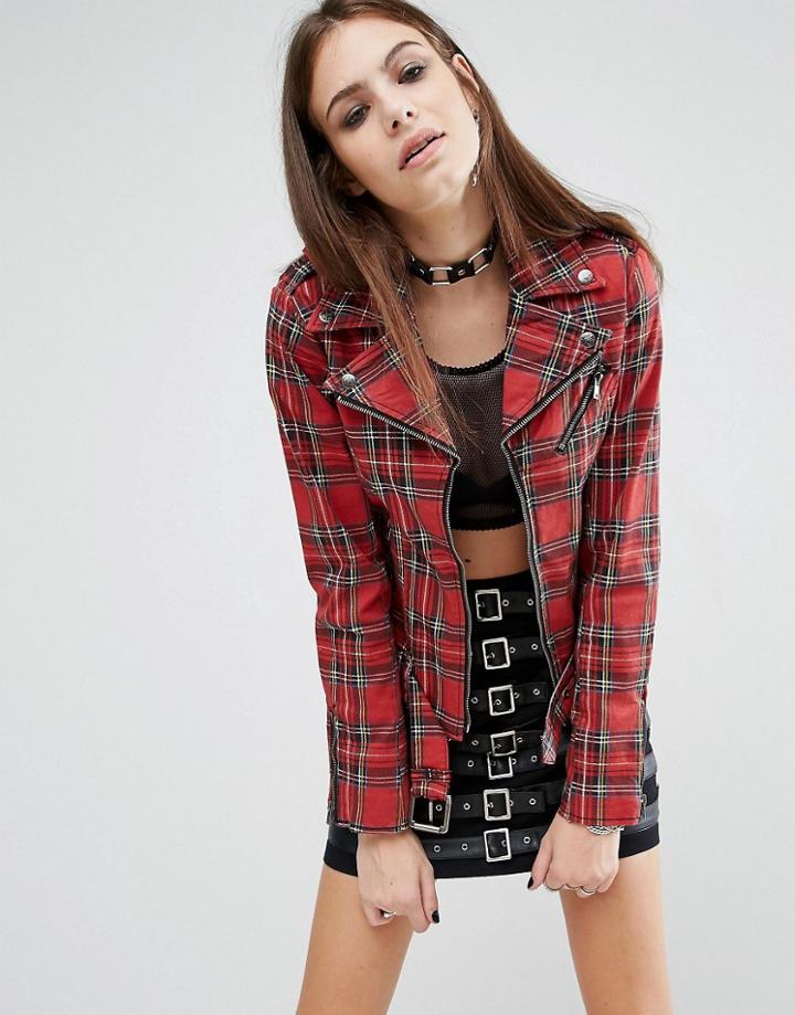 Tripp Nyc Moto Jacket With Plaid Print - Red