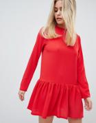 Prettylittlething Long Sleeve Frill Hem Shift Dress In Red - Red