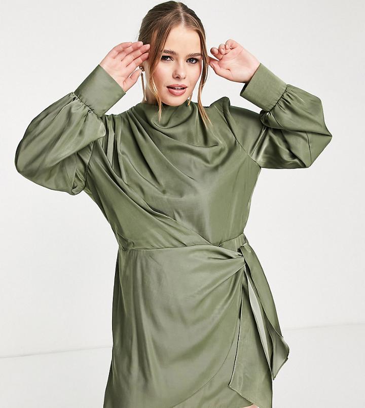Asos Design Curve Pleat Cowl Neck Mini Dress With Tie Skirt In Forest Green