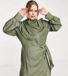 Asos Design Curve Pleat Cowl Neck Mini Dress With Tie Skirt In Forest Green