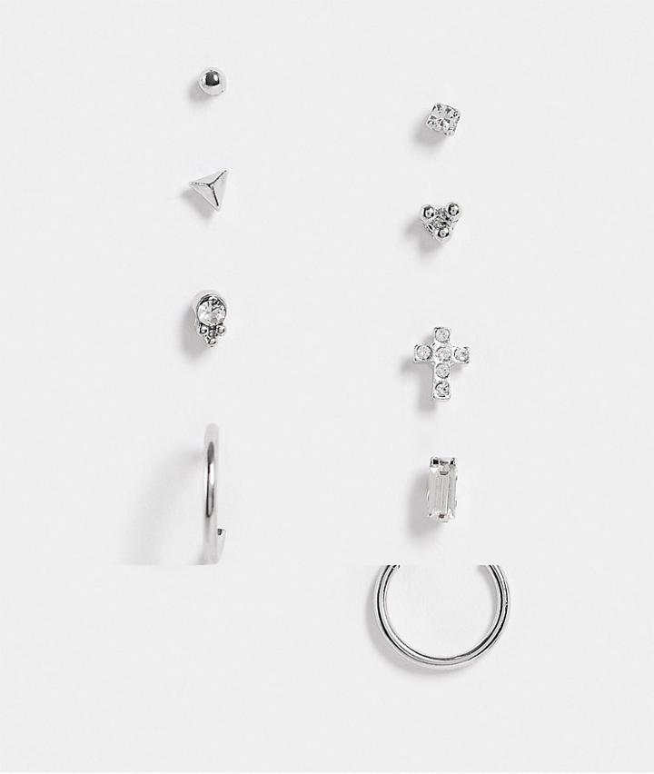 Topshop Crystal Cross 9 X Multipack Earrings In Silver