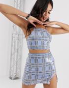 Motel Cami Crop Top In Sequin Check Two-piece - Blue