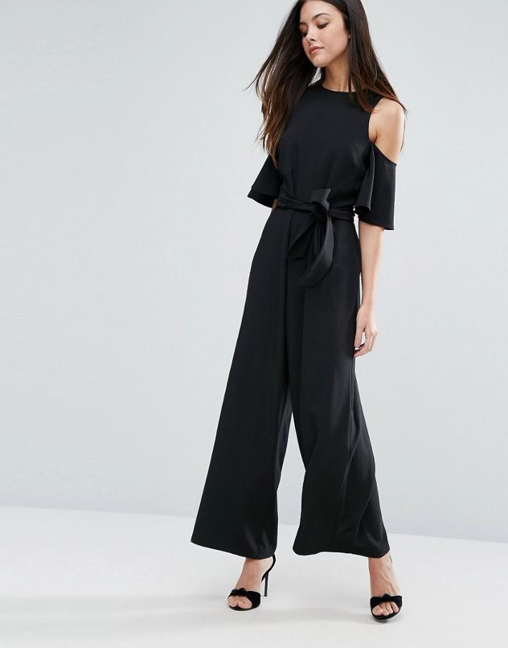 Warehouse Cold Shoulder Belted Jumpsuit - Black