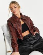 Odolls Collection Leather Look Moc Croc Volume Sleeve Jacket In Chocolate-pink